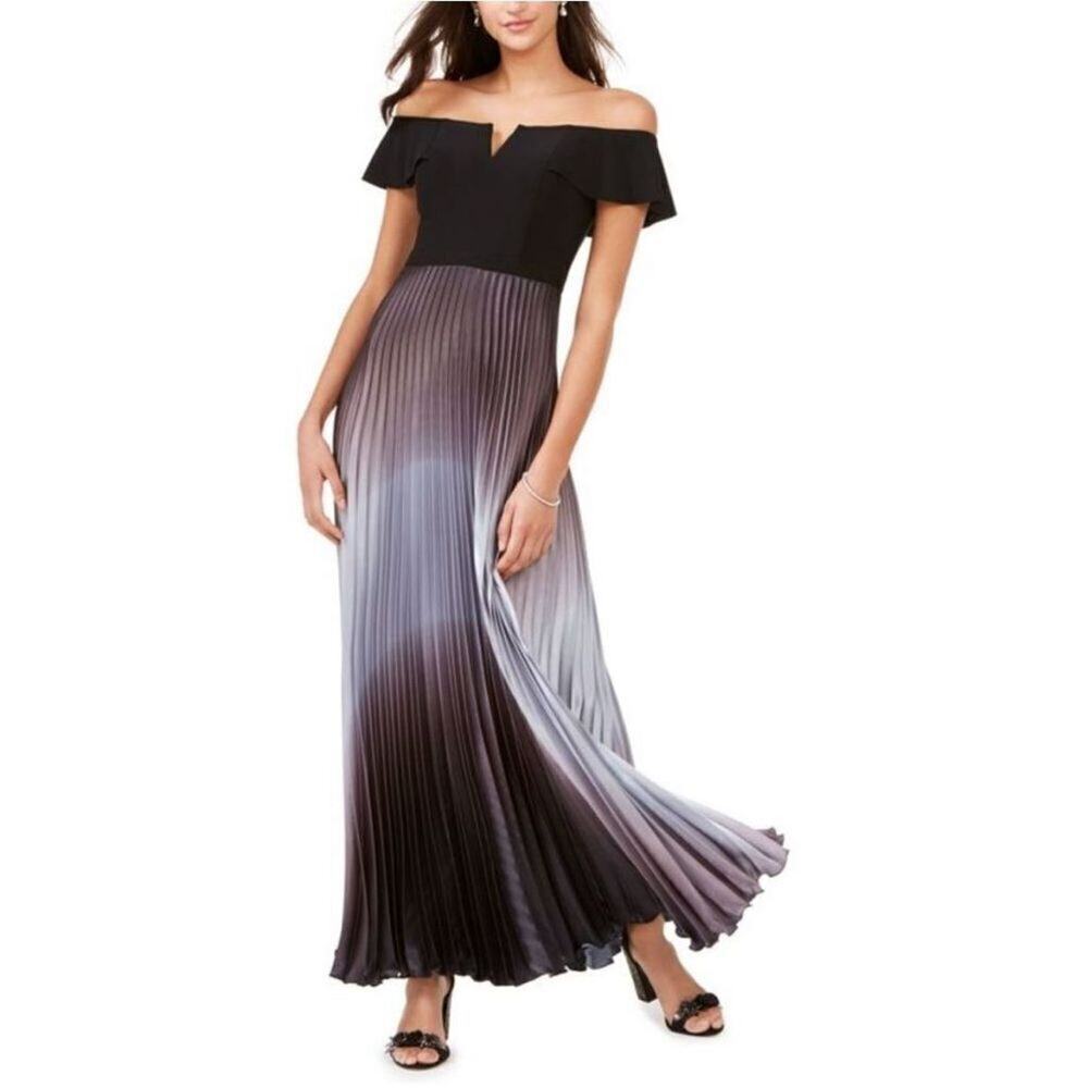 Betsy & Adam Black Top‎ Off Shoulder Accordion Pleated Ombre Satin Gown Dress 2P